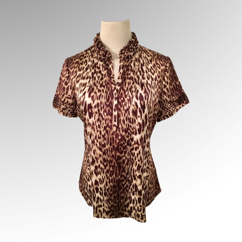 ELIE TAHARI SILK STRETCH
LEOPARD SHORT SLEEVE
BLOUSE SIZE M